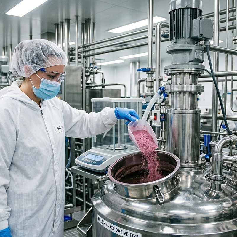 Precise blending of hair dye couplers in a professional cosmetic manufacturing facility