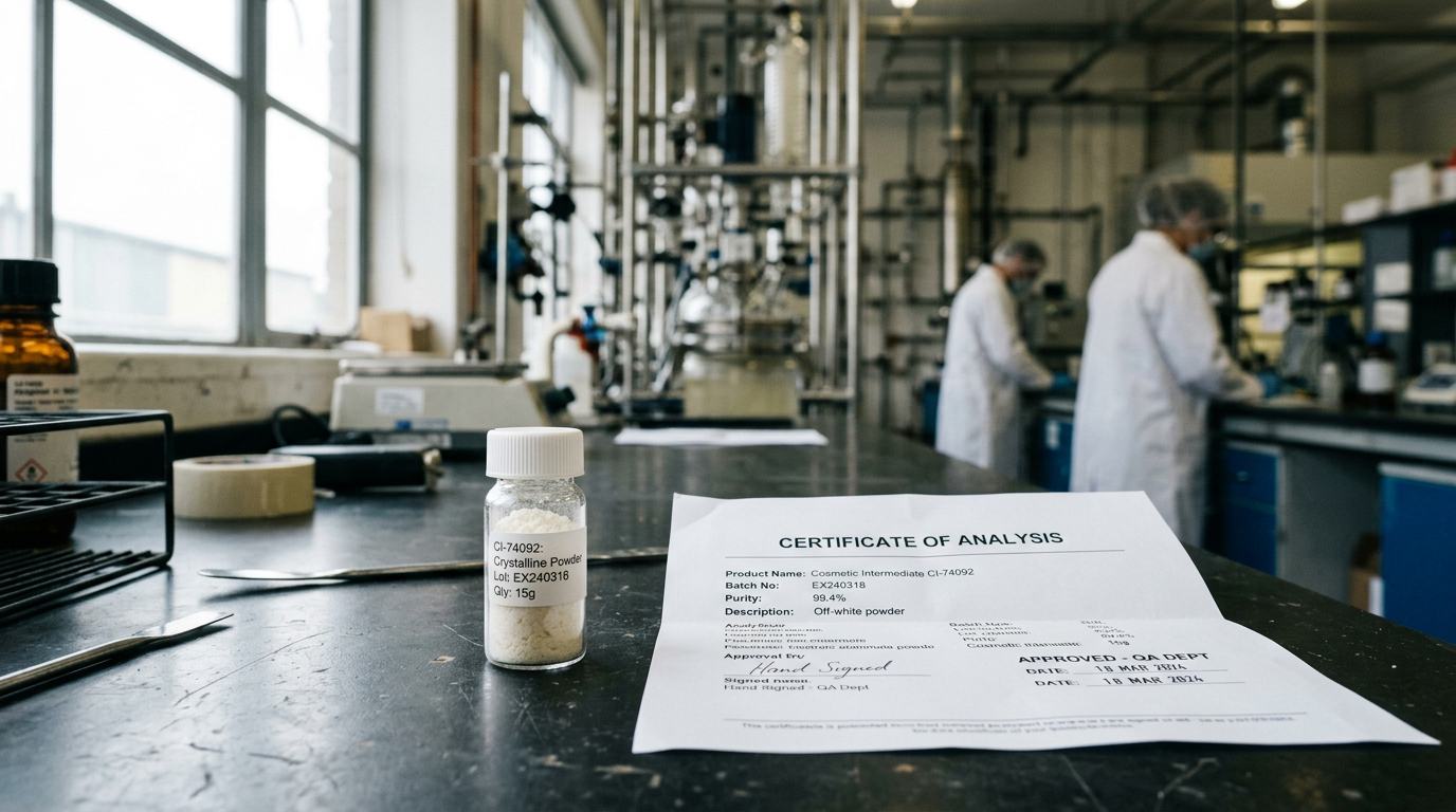 Hydroxybenzomorpholine sample vial beside a certificate of analysis on a laboratory bench