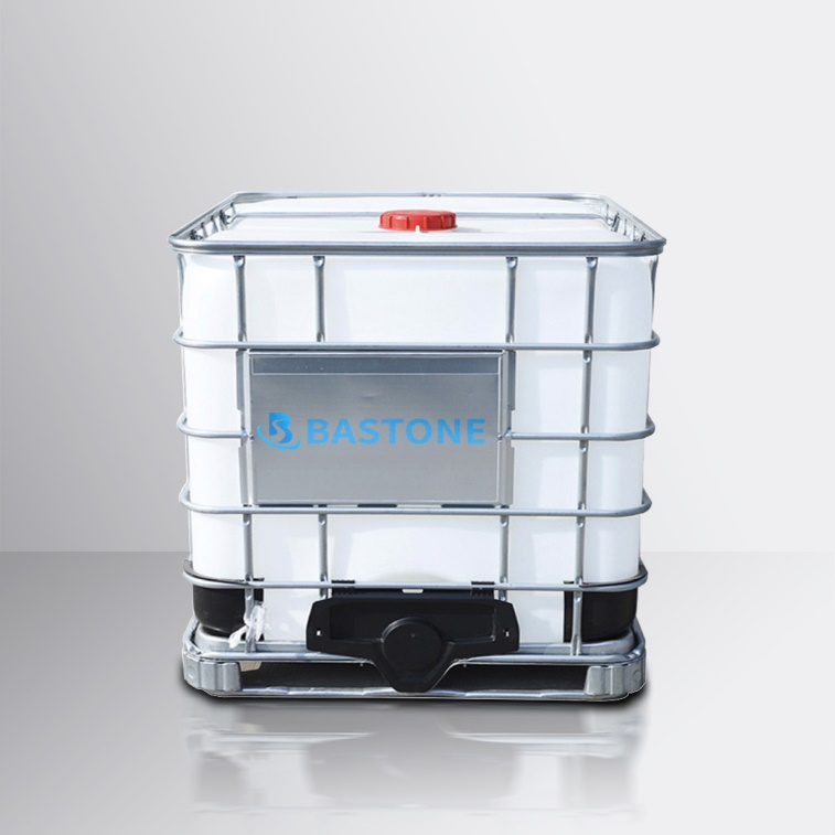 White plastic intermediate bulk container in metal cage with red cap and BASTONE label